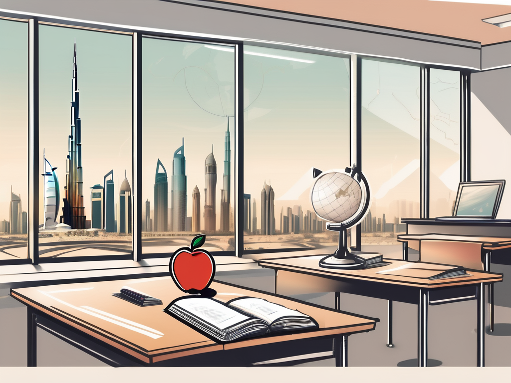 A classroom setting in dubai with a teacher's desk