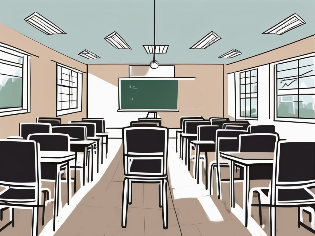 A classroom scene in malaysia with empty chairs and desks