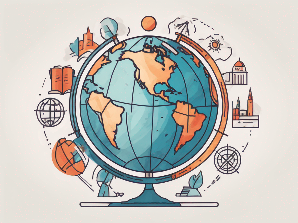 A globe surrounded by four symbolic icons representing education