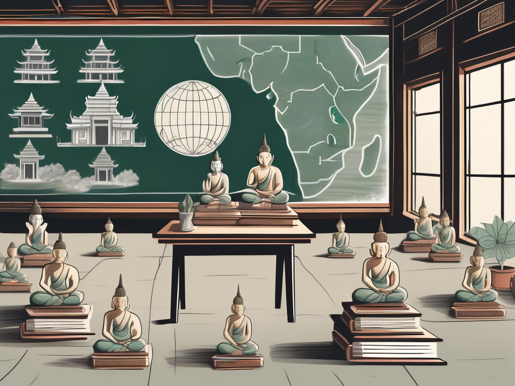 A classroom with thai cultural symbols such as a lotus flower