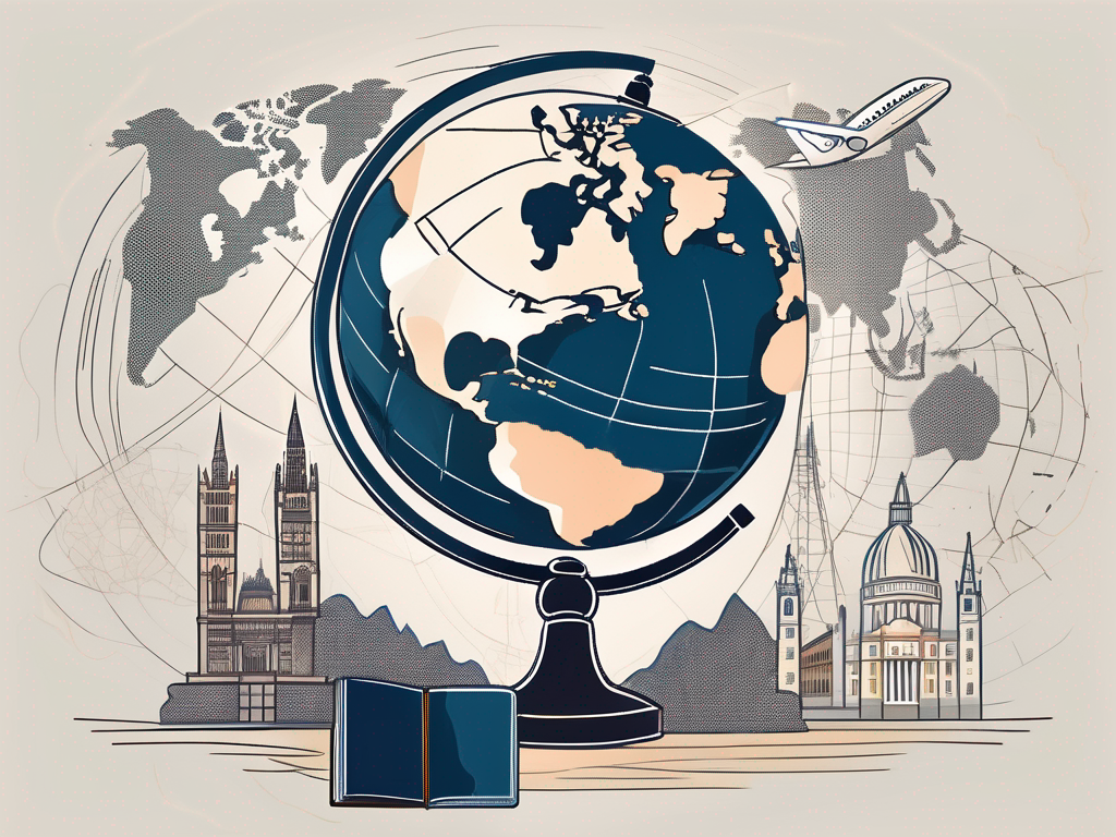 A globe with various international landmarks