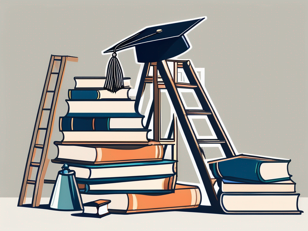 A stack of books next to a graduation cap