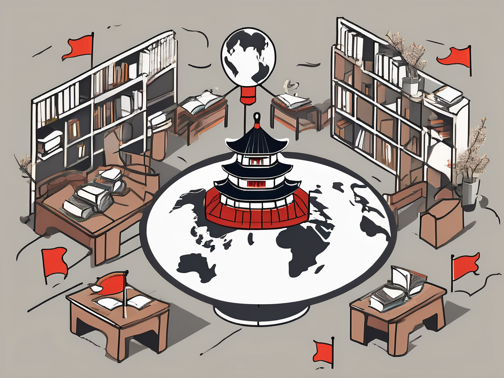 A classroom with various symbols of china (like the great wall