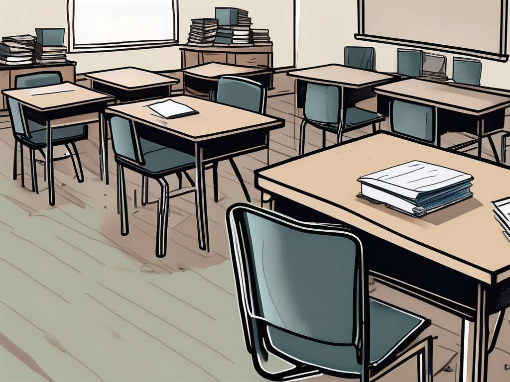 A classroom desk piled high with papers and textbooks