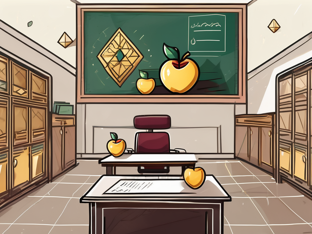 A classroom setting in qatar with a teacher's desk filled with various symbols of wealth