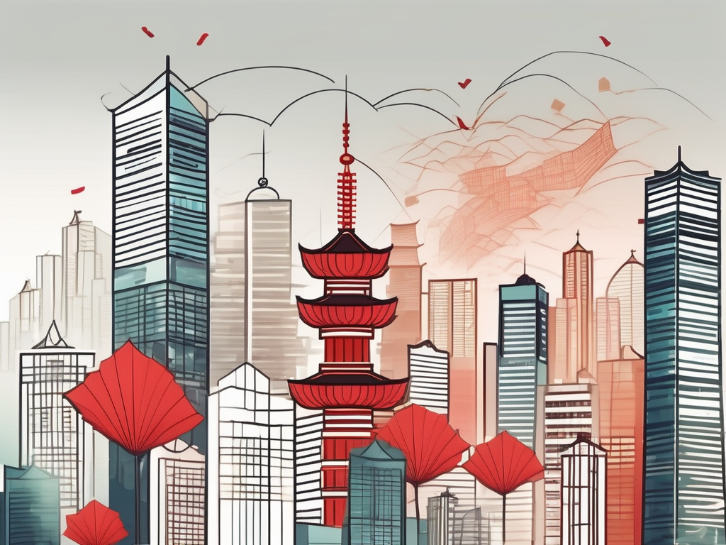 A modern chinese city skyline with yuan symbols incorporated into the design