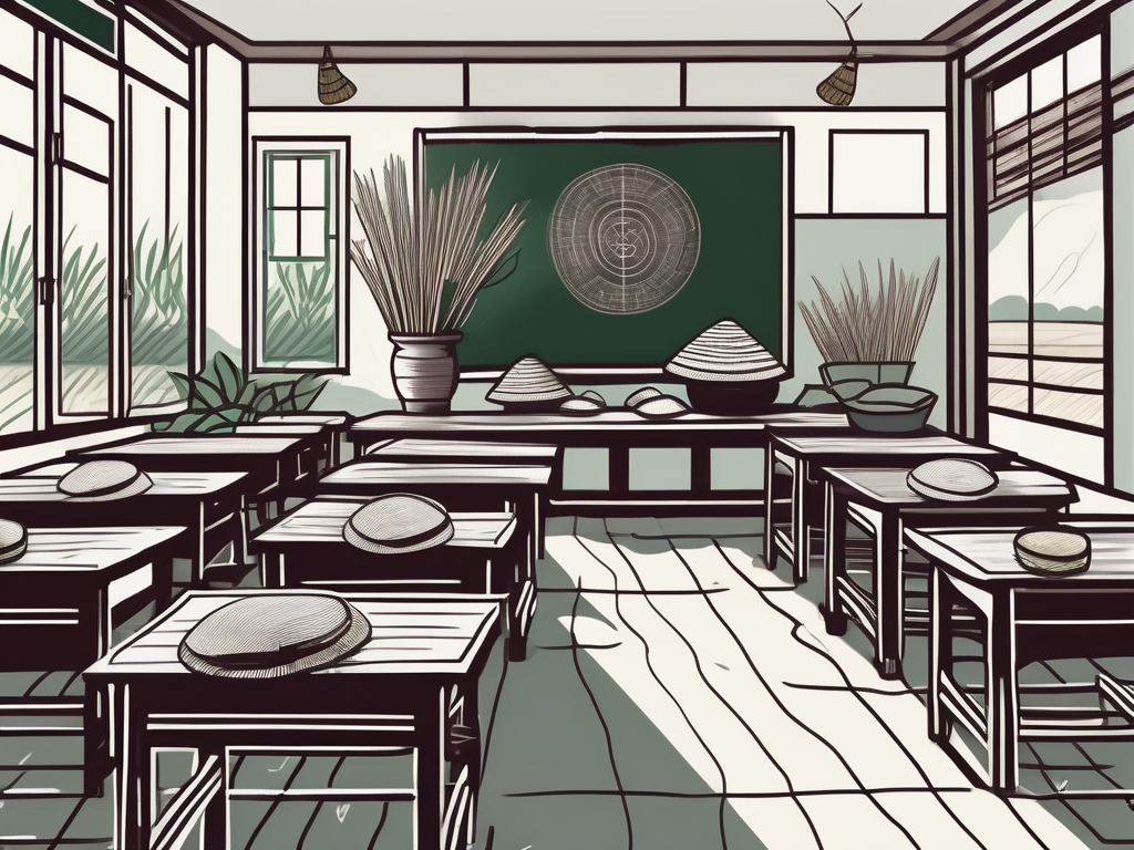 A classroom setting in vietnam with a chalkboard