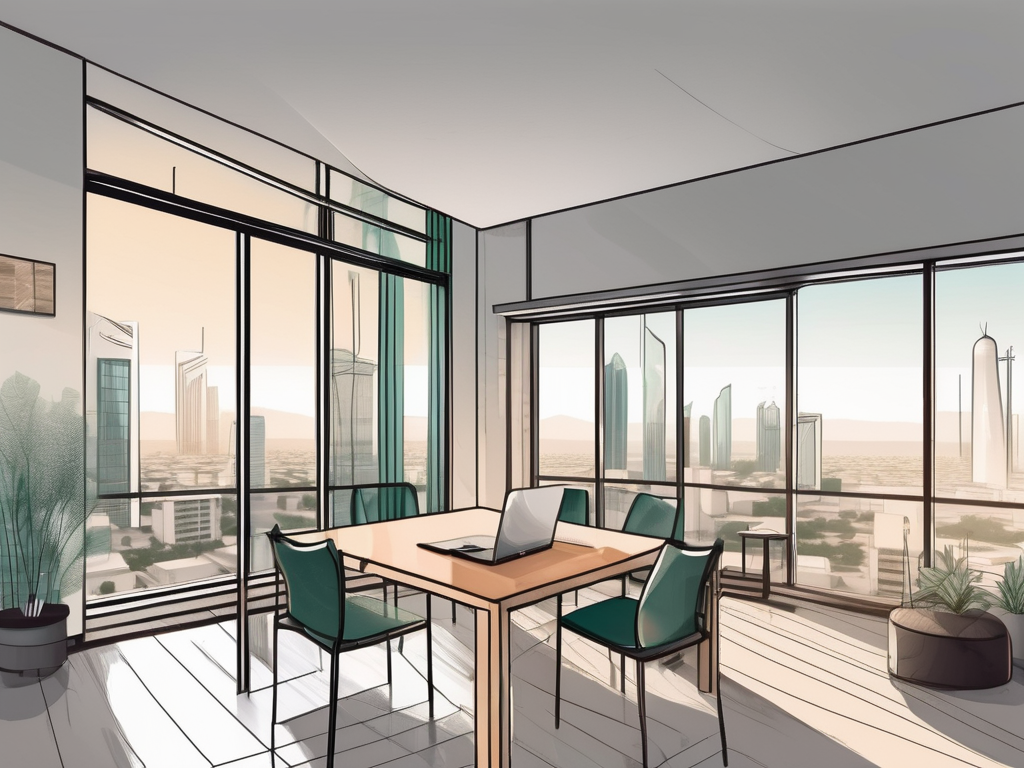 A furnished apartment with a view of a saudi arabian cityscape