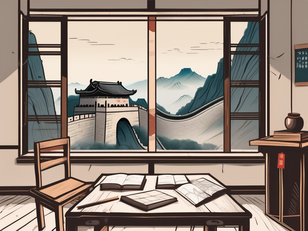 A traditional chinese classroom setting with chalkboard