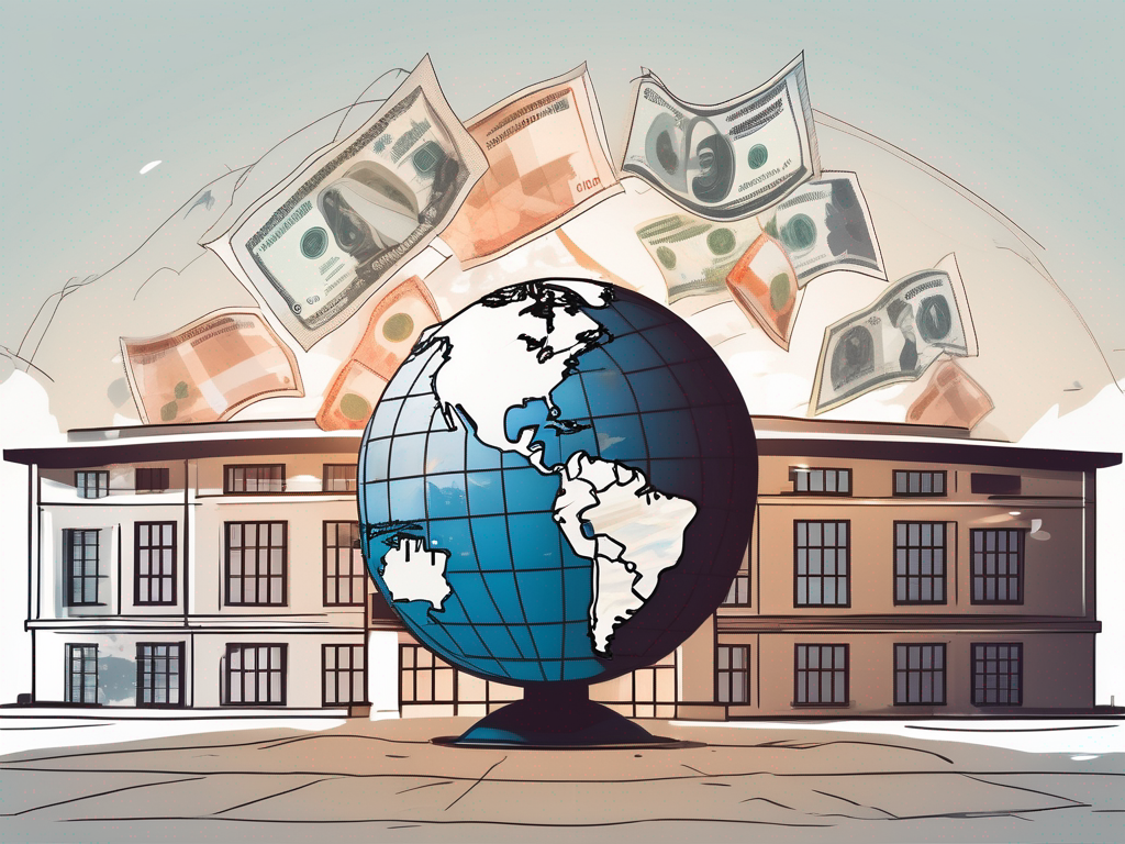 A globe with different national currencies floating around it