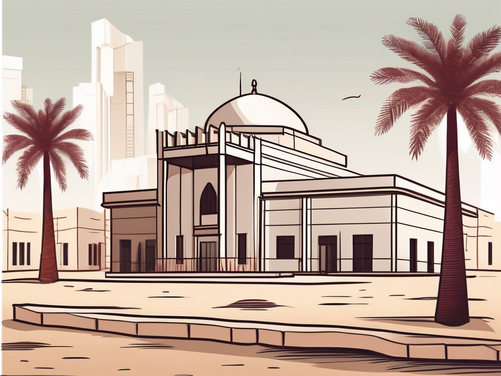 A traditional qatari landscape with a school building in the foreground and a stack of coins symbolizing salary on the side
