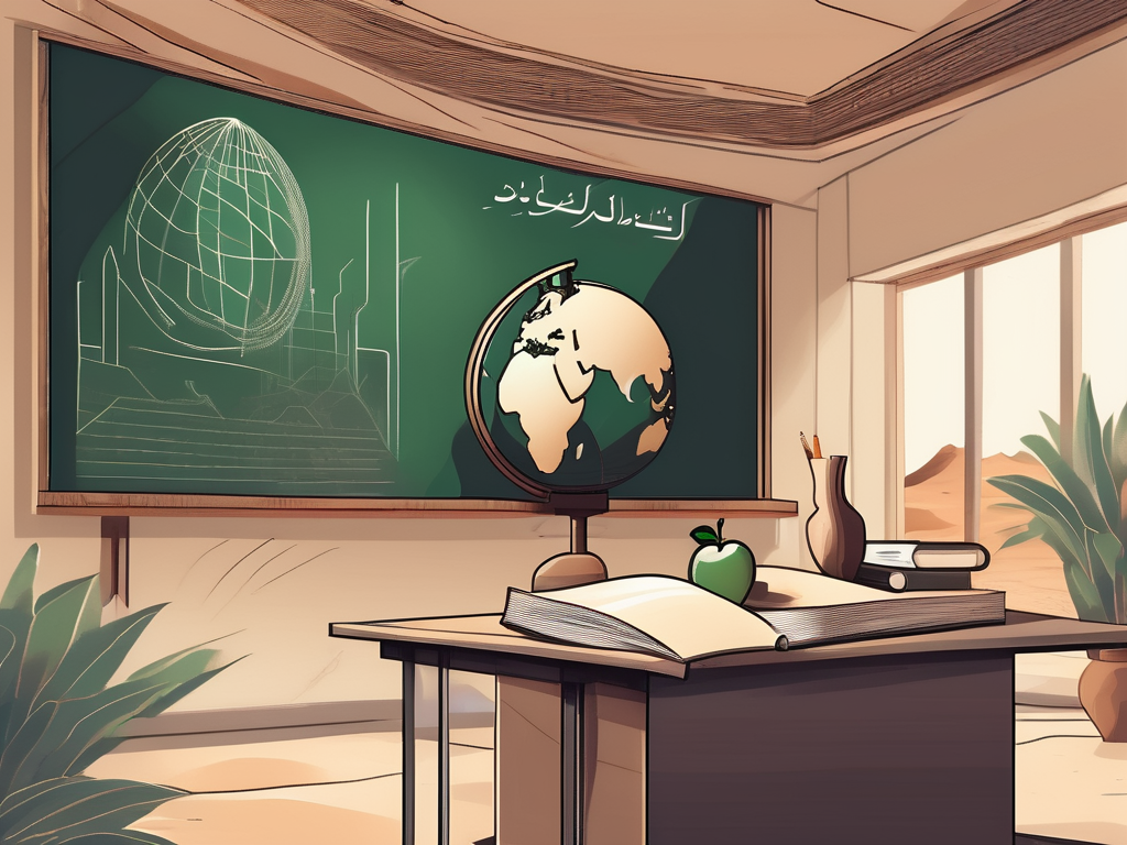 A classroom setting with a blackboard