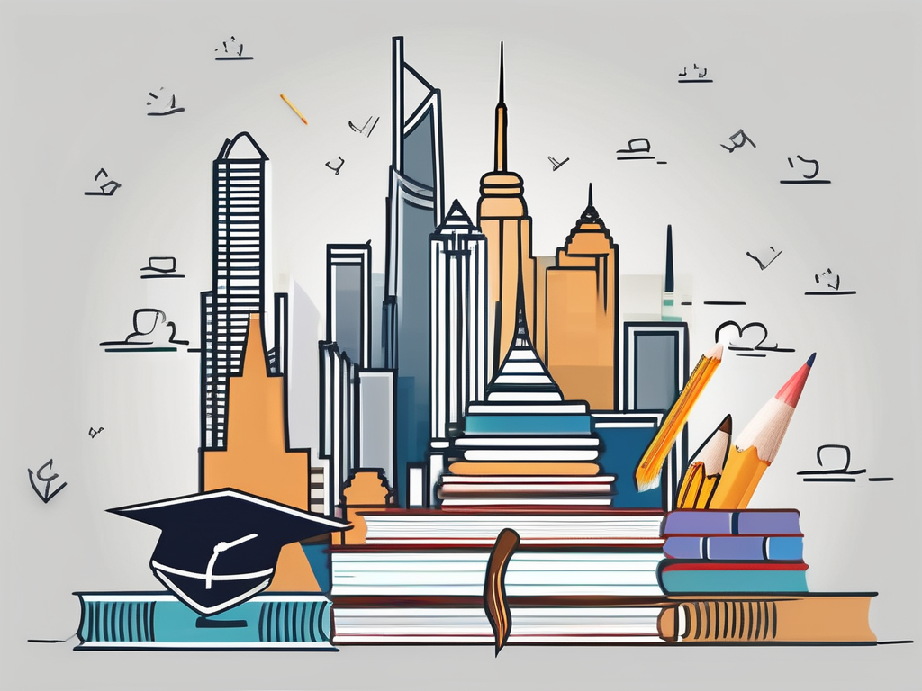A symbolic representation of bangkok's skyline with various educational elements like books