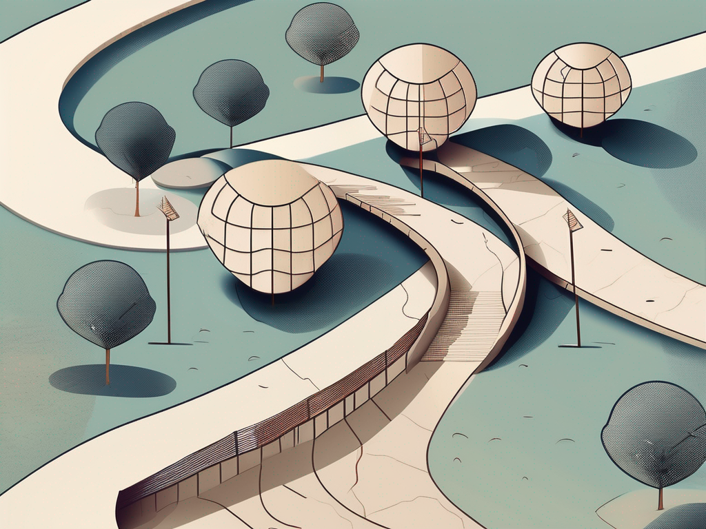 A pathway leading towards a school building shaped like the uae map