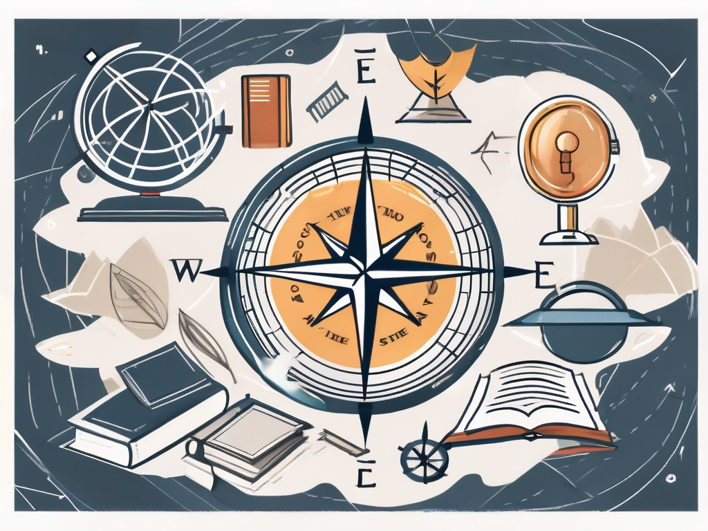 A compass surrounded by various educational symbols like books