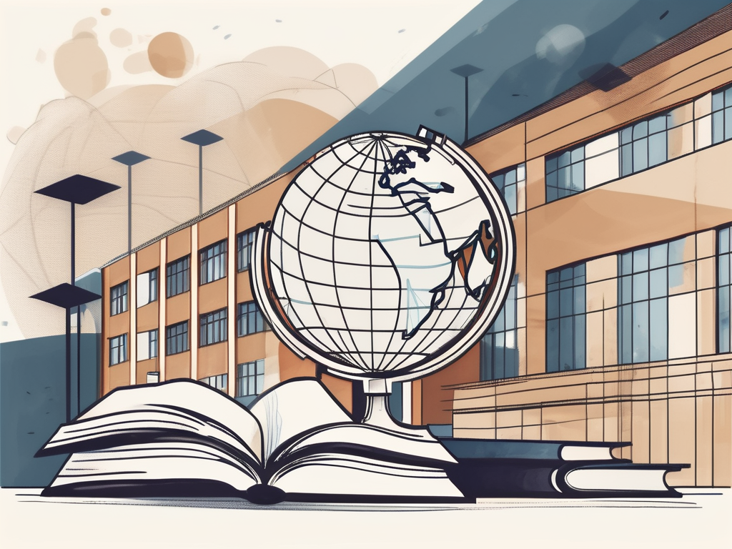 A variety of international school buildings with a large globe in the background