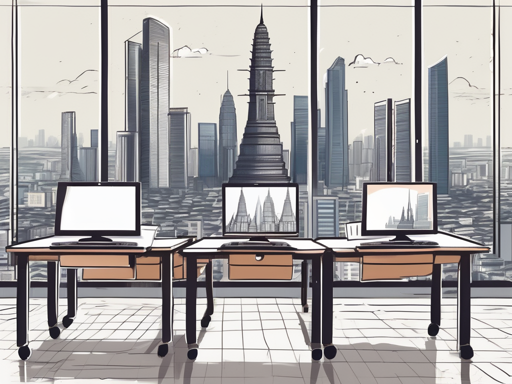 A classroom setting with desks