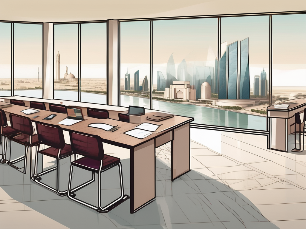 A classroom setting with a view of iconic qatari landmarks in the background