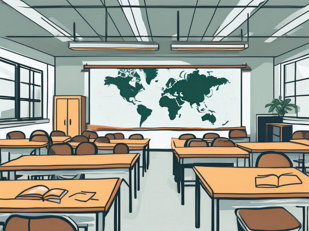 A classroom with empty chairs and desks