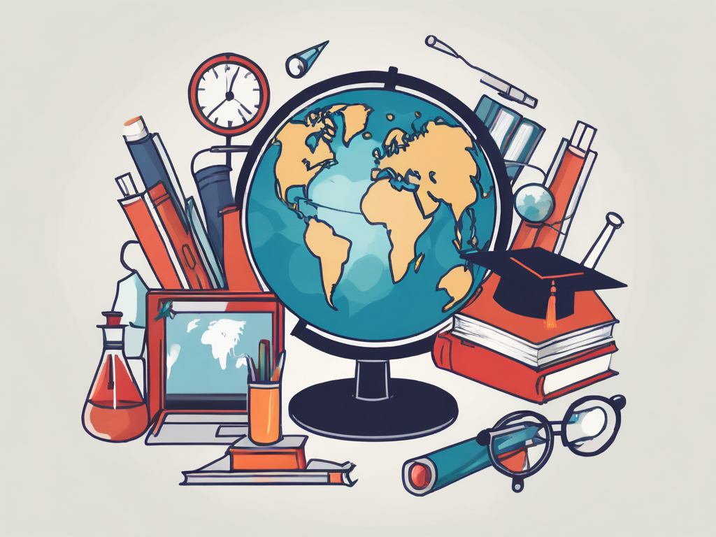 A globe surrounded by various iconic educational tools such as books