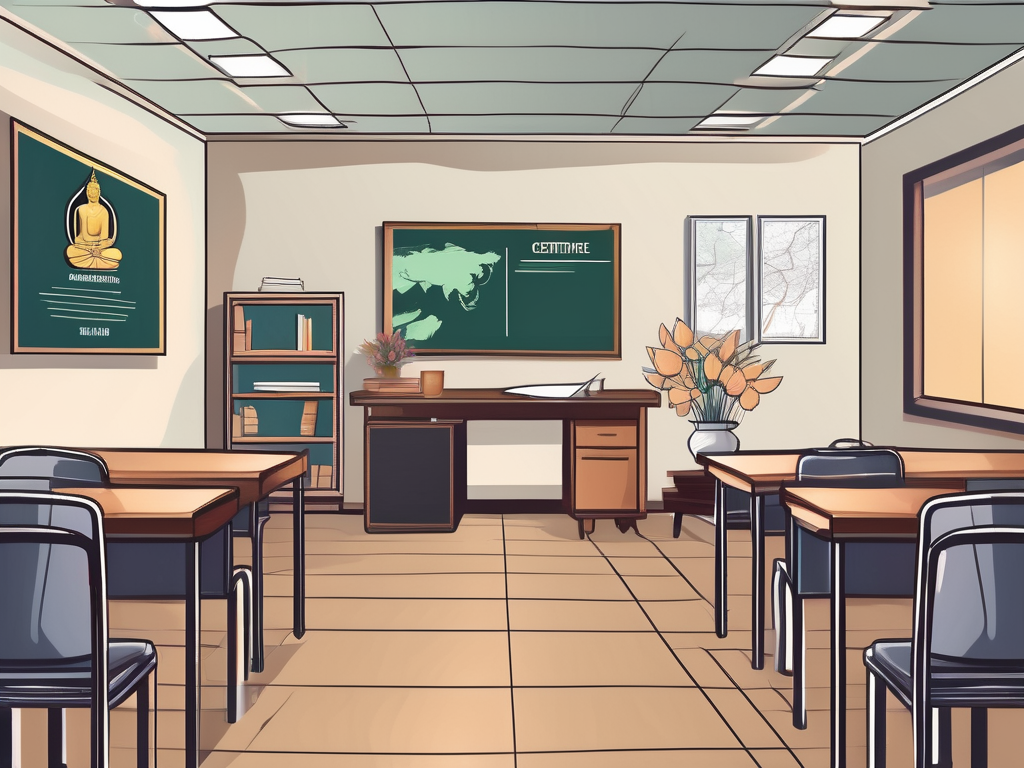 A classroom setting in thailand with an empty teacher's desk and chair