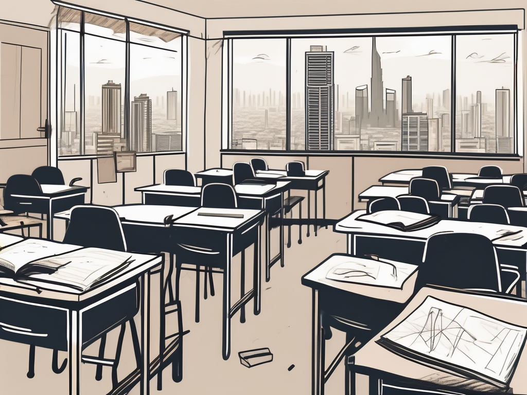 A cluttered classroom with broken desks