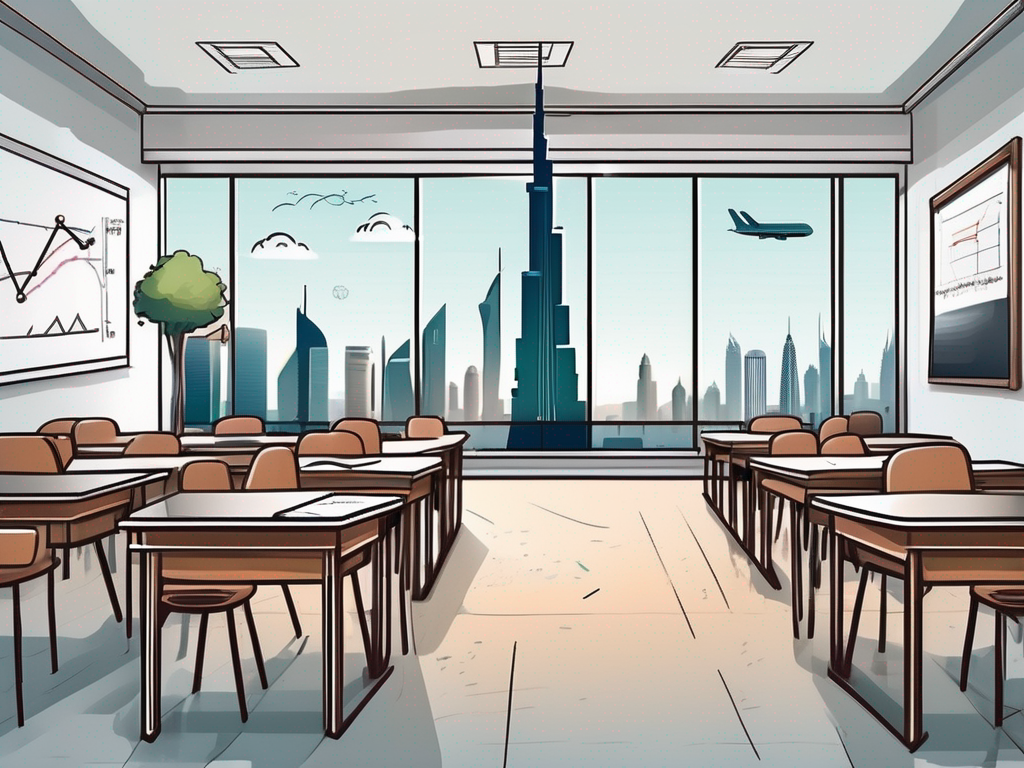 A classroom setting in the uae with iconic landmarks like the burj khalifa in the background