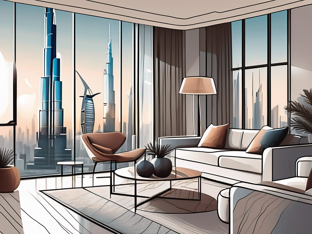A furnished apartment with a view of the dubai skyline