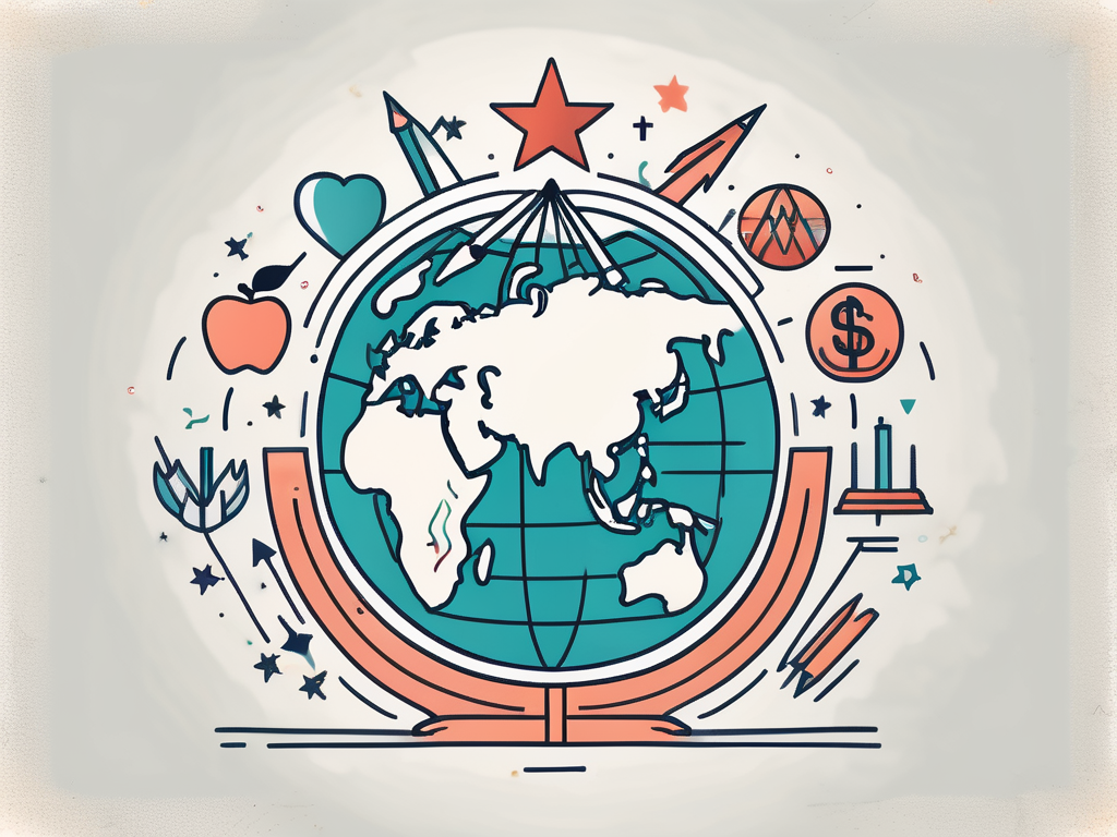 A globe surrounded by symbols representing teaching (like an apple)