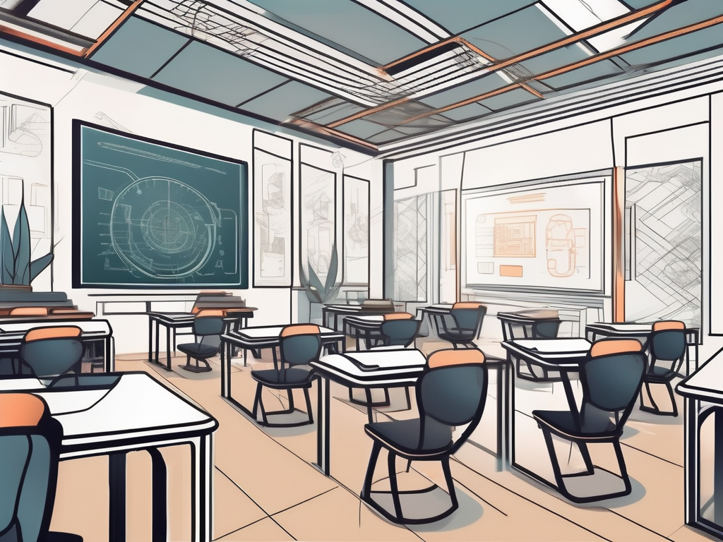 A futuristic classroom setting with advanced technology and traditional thai elements