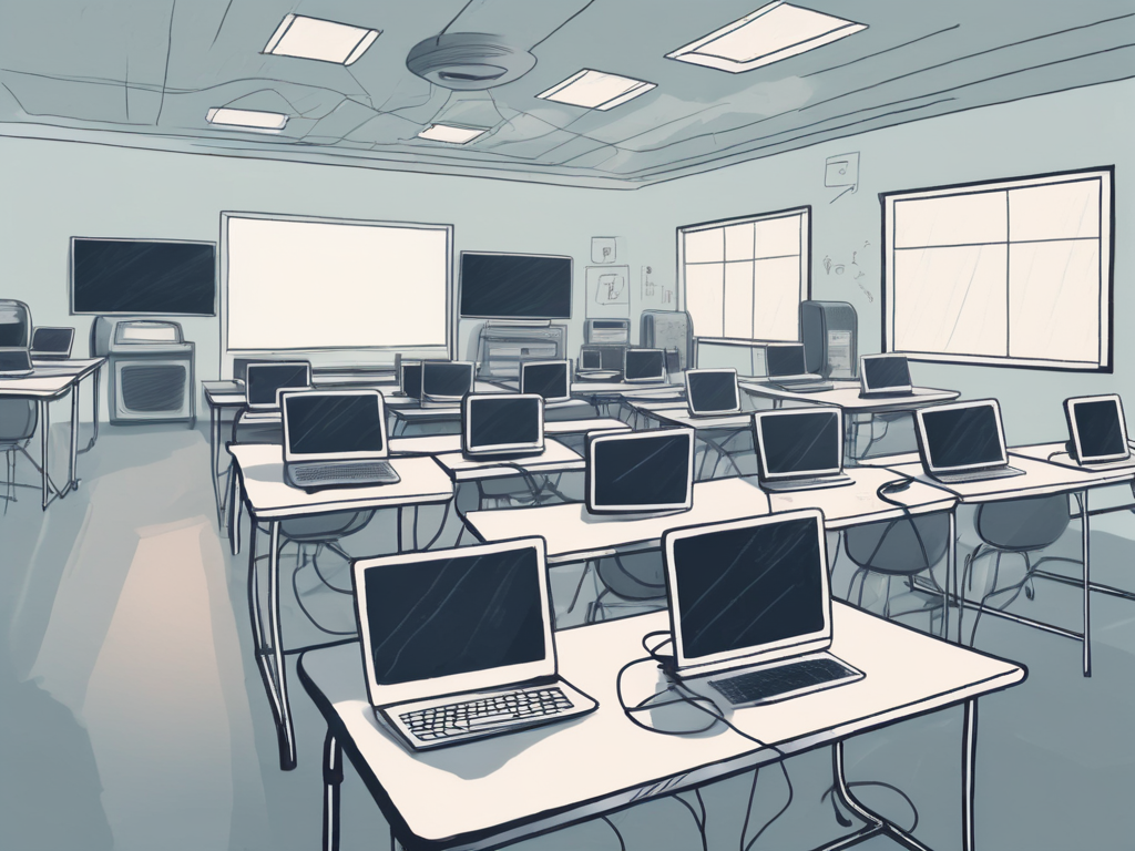 A modern international classroom filled with various technological tools like laptops