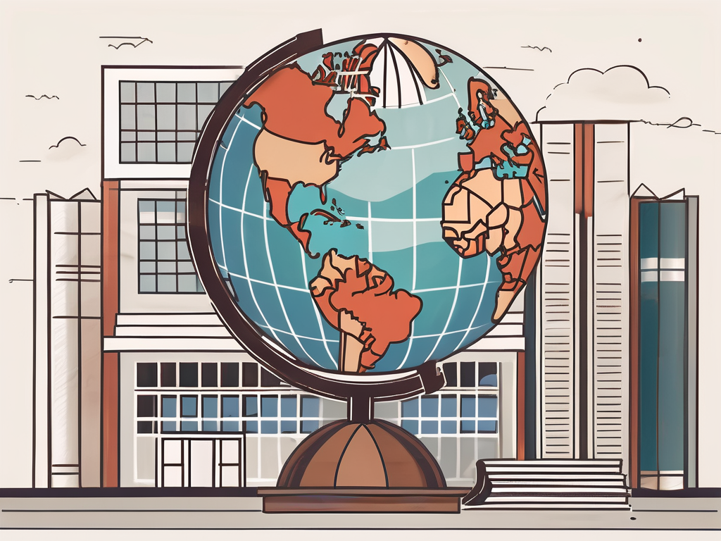 A thai school building with a globe showing different countries in the foreground