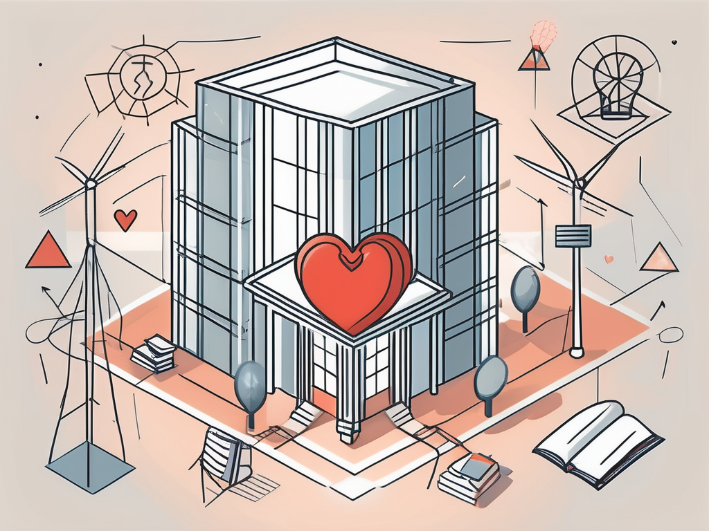 An international school building surrounded by various symbols of support like a safety net