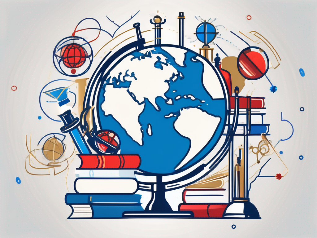 A globe with various iconic educational symbols