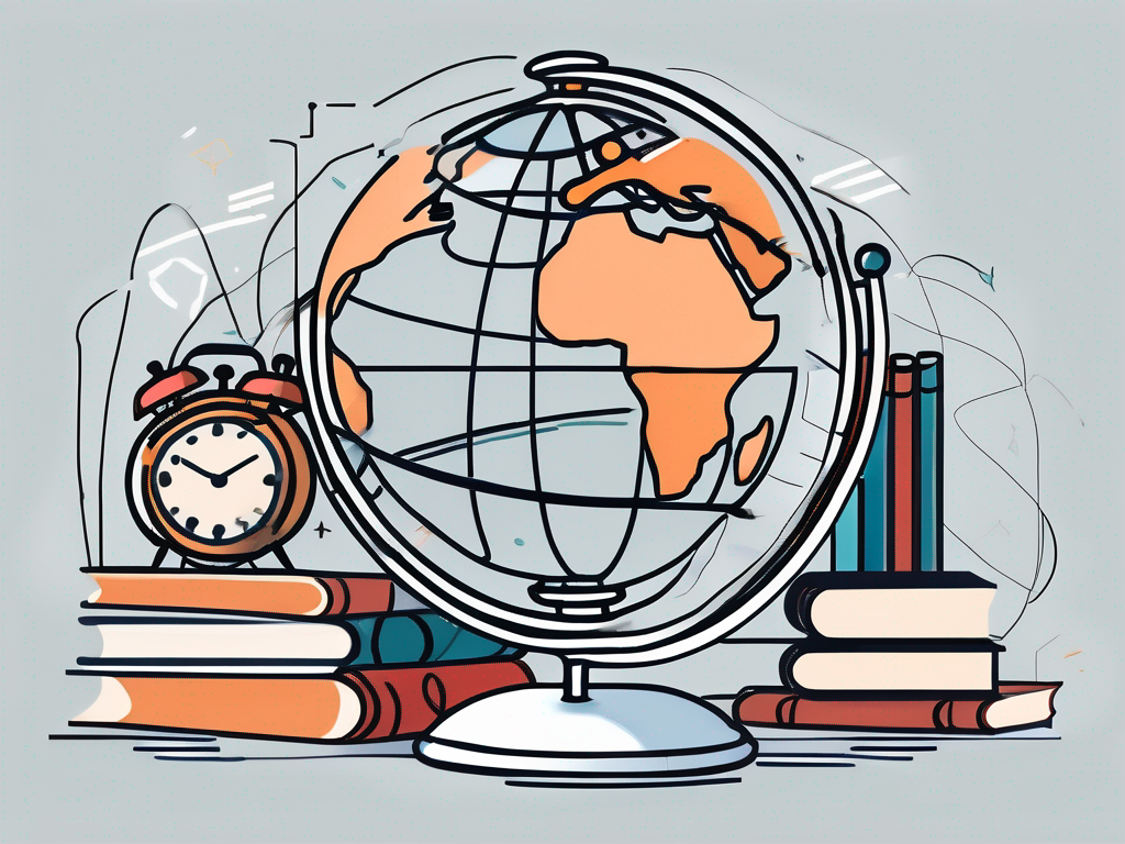 A globe surrounded by various educational tools like books