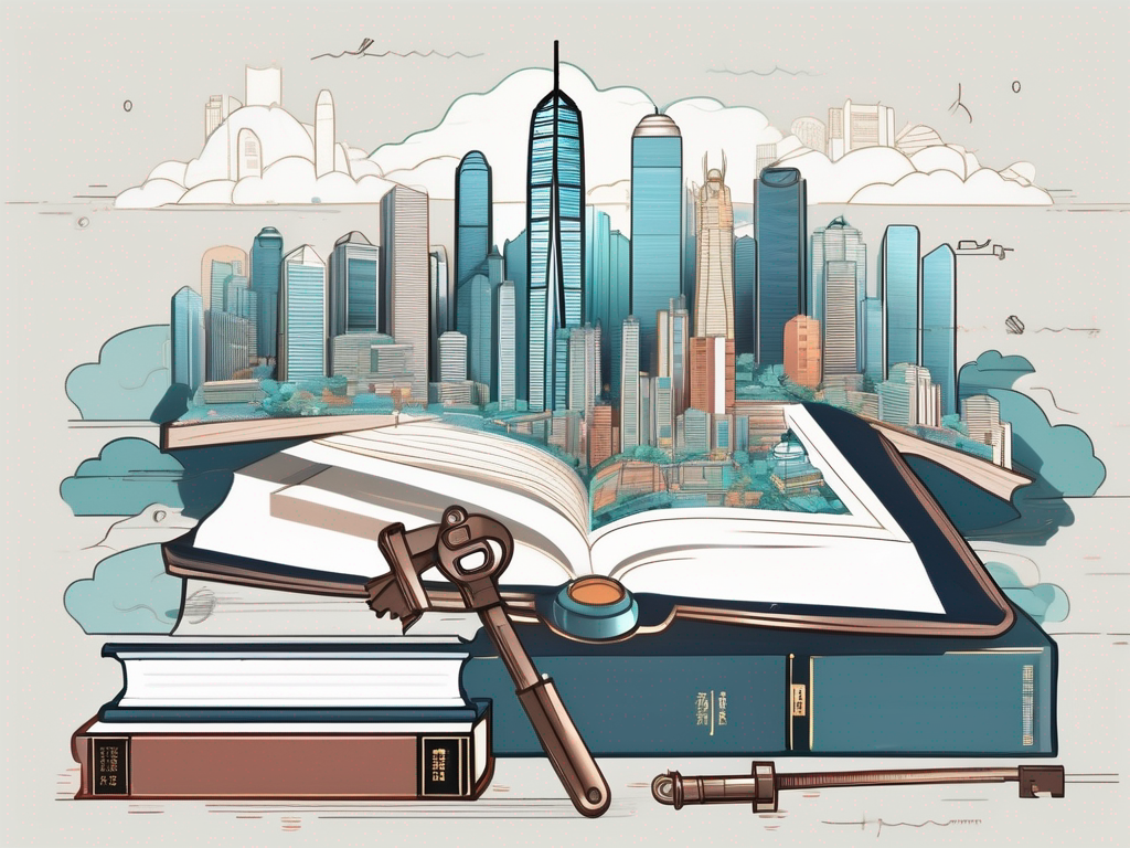 A symbolic key unlocking a stylized representation of hong kong's skyline