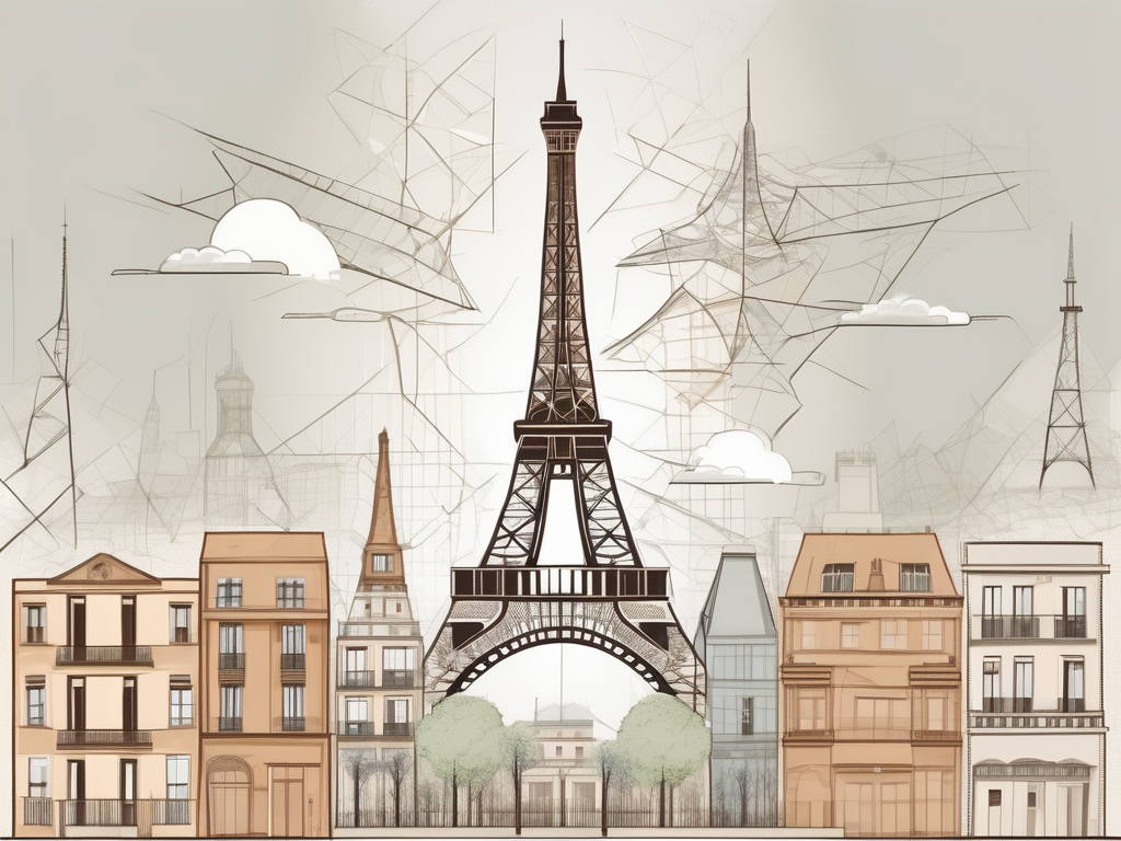 The iconic eiffel tower with five different school buildings