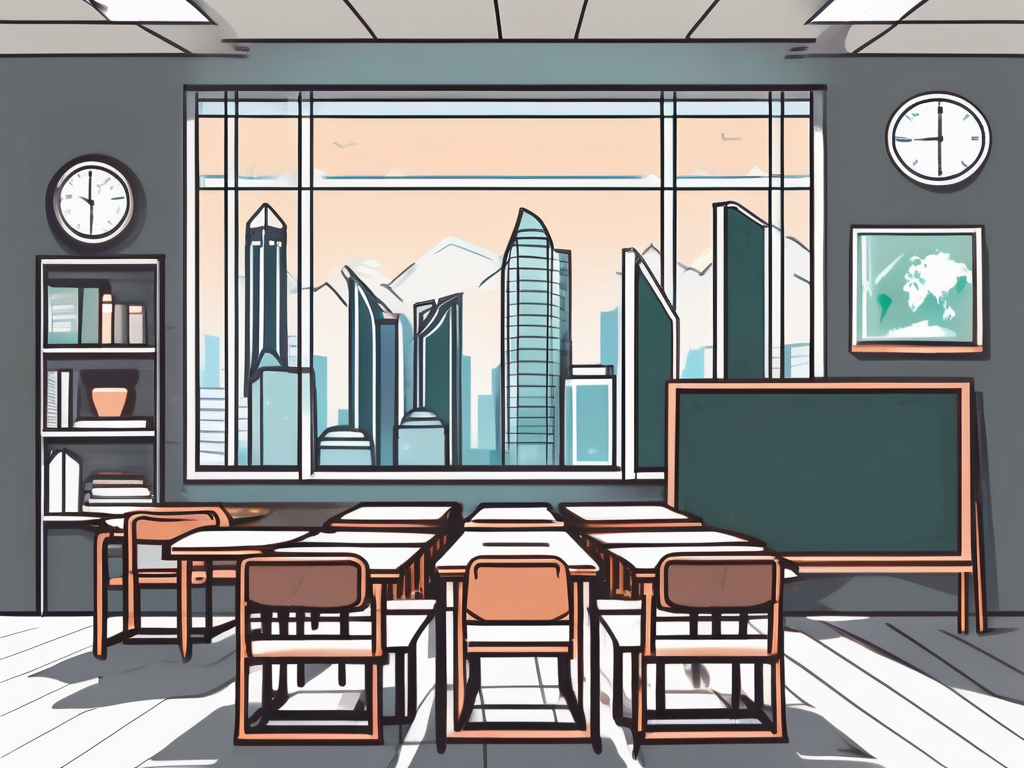 A classroom setting with a singapore skyline in the background