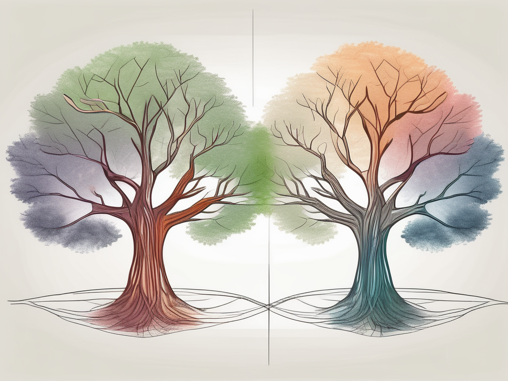 Two different colored trees growing intertwined