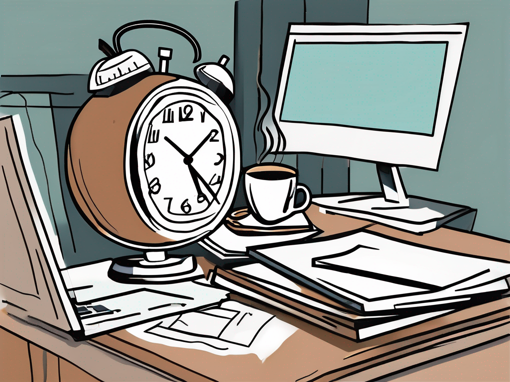 A cluttered teacher's desk with multiple stacks of papers