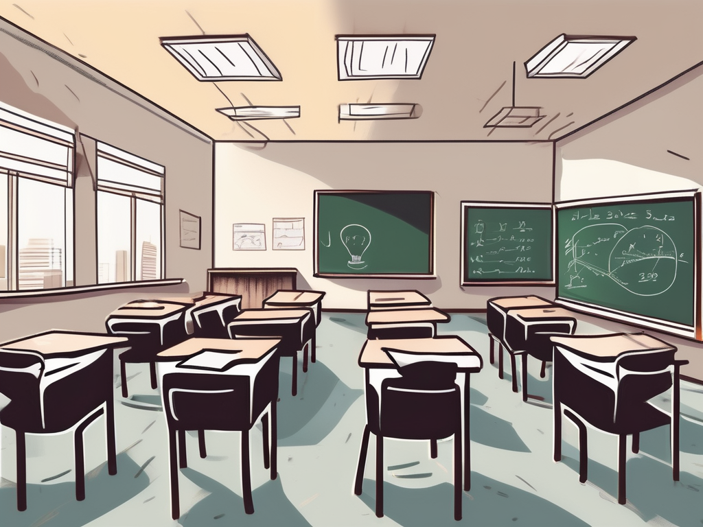 A classroom scene in dubai with empty teacher's desk and chairs