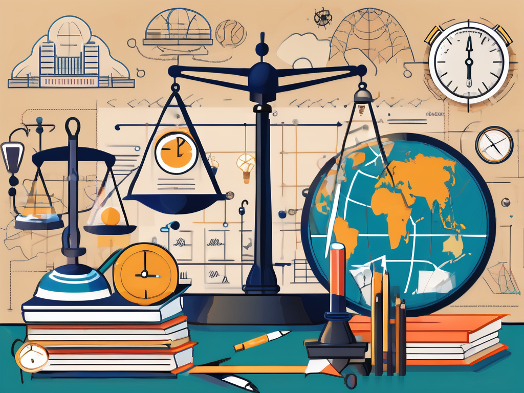 A balanced scale with different assessment tools like a test paper