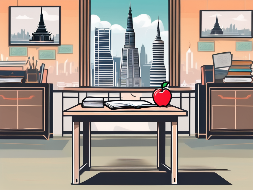 A thai classroom setting with a teacher's desk