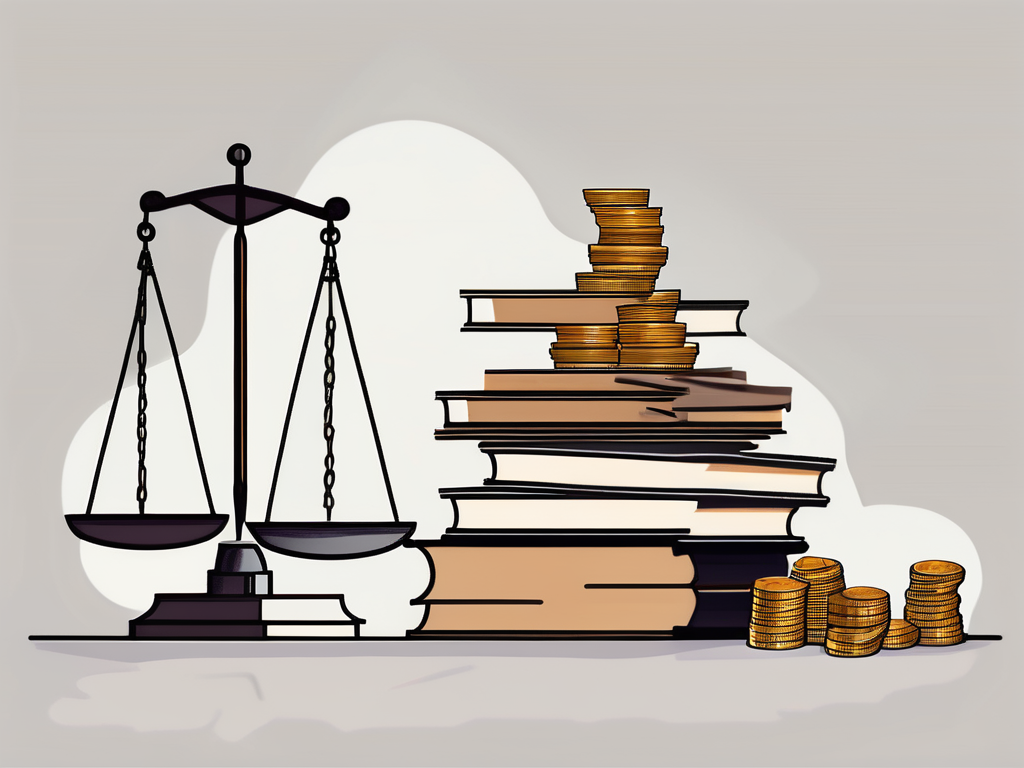 A heavy stack of books and papers tipping a scale against a small pile of coins