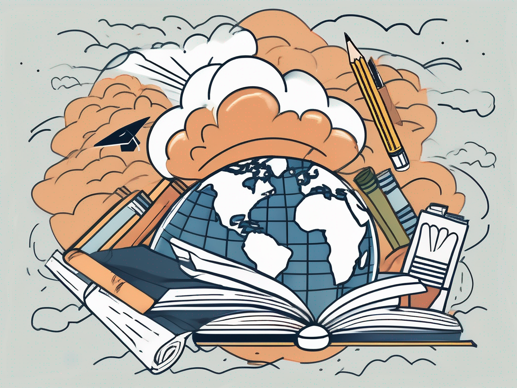 A globe with various school-related symbols such as a graduation cap