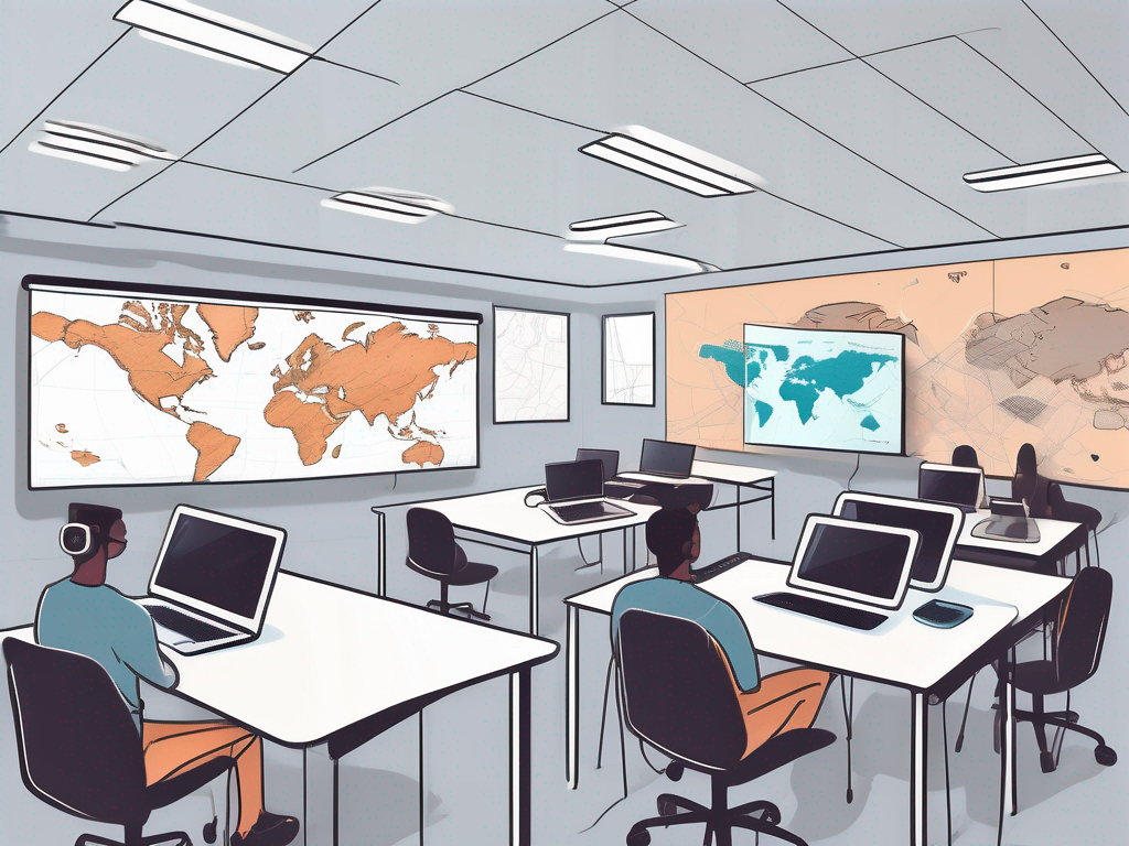 A modern international classroom filled with various technological devices like laptops