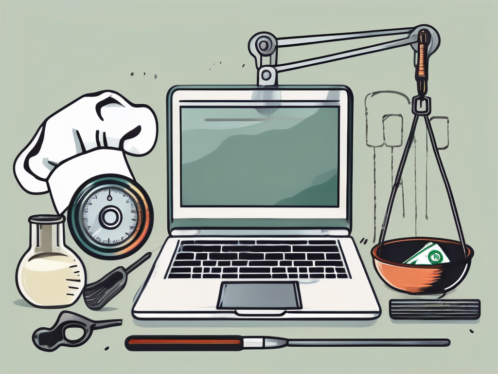 A balanced scale with vietnamese currency on one side and various work tools (like a laptop