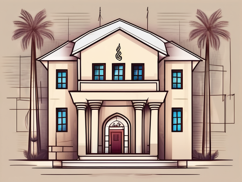 A traditional qatari schoolhouse with a tax form and a stylized representation of money