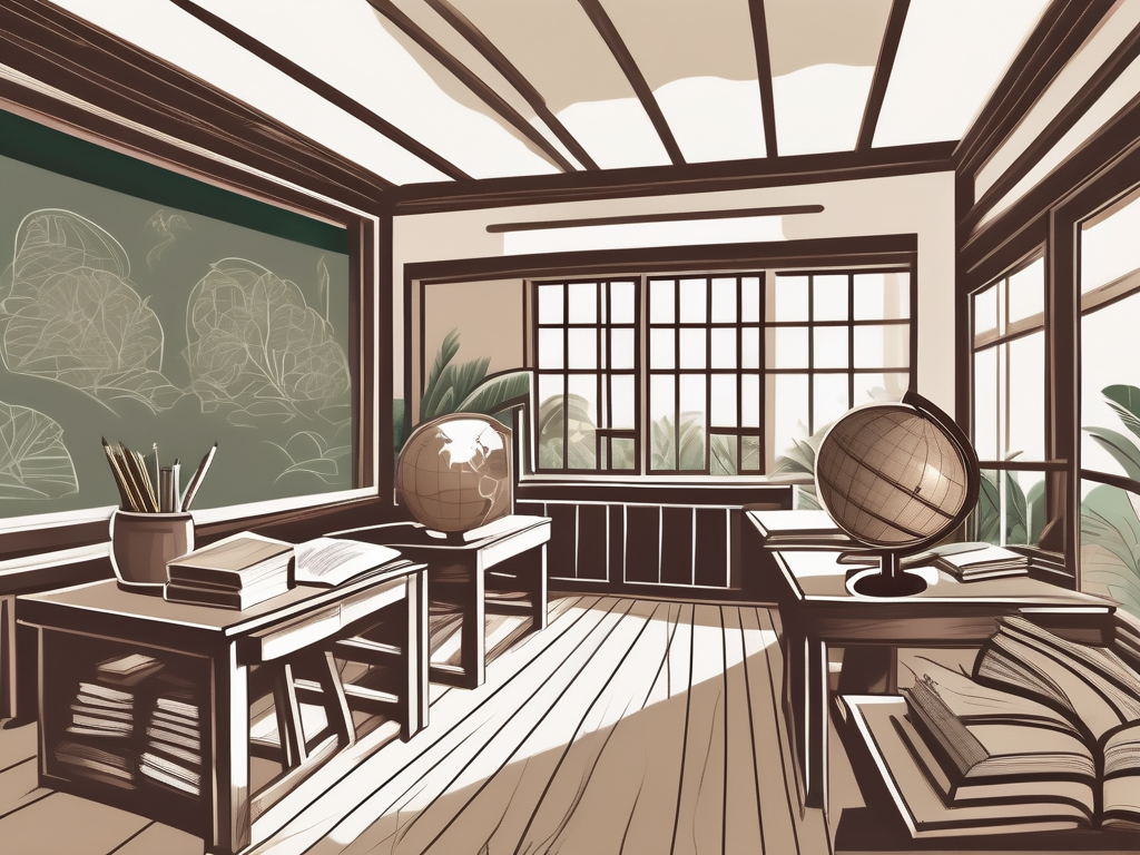 A traditional thai schoolhouse with surrounding tropical scenery