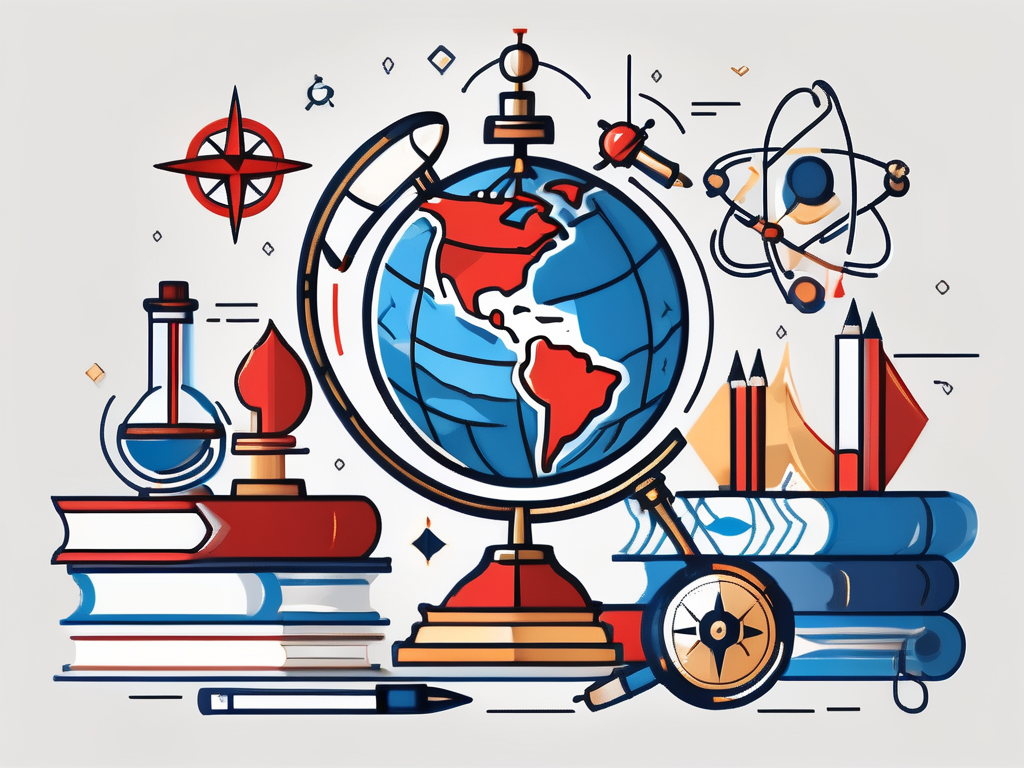 A globe with various academic symbols like books